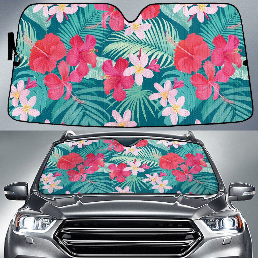 Pink Plumeria And Chinese Hibiscus Over Palm Leave Car Sun Shades Cover Auto Windshield Coolspod