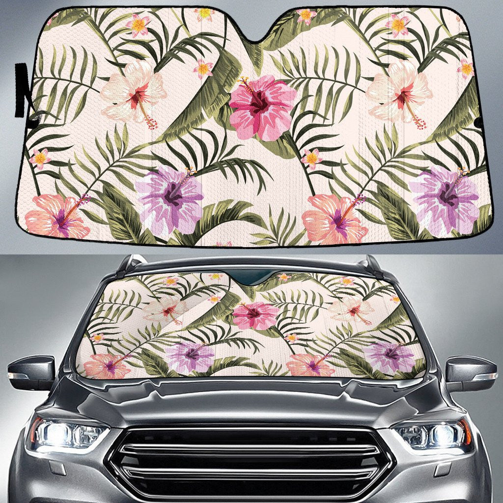Colorful Hawaiian Hibiscus Flower Areca Palm Leaves Beige Car Sun Shades Cover Auto Windshield Coolspod