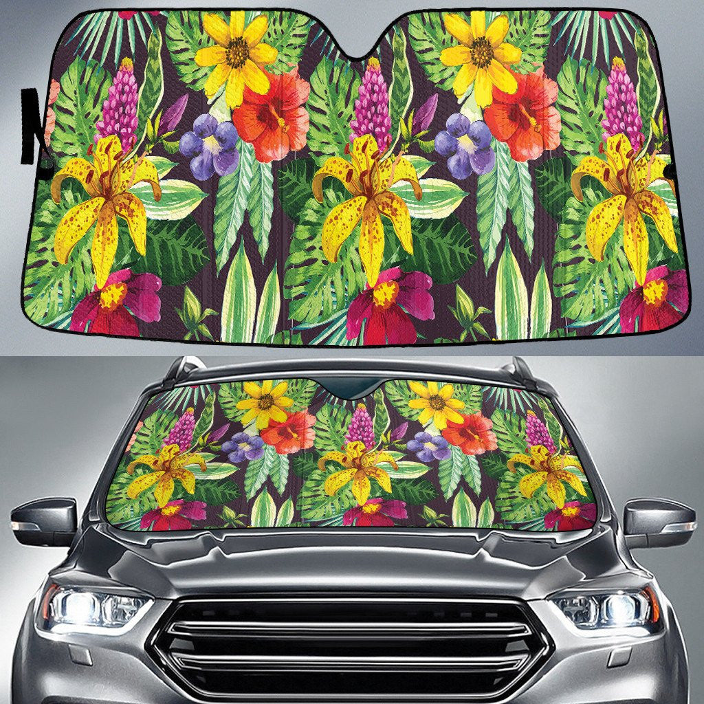 Beautiful Yellow Lily And Tropical Flowers Over Summer Leaf Car Sun Shades Cover Auto Windshield Coolspod