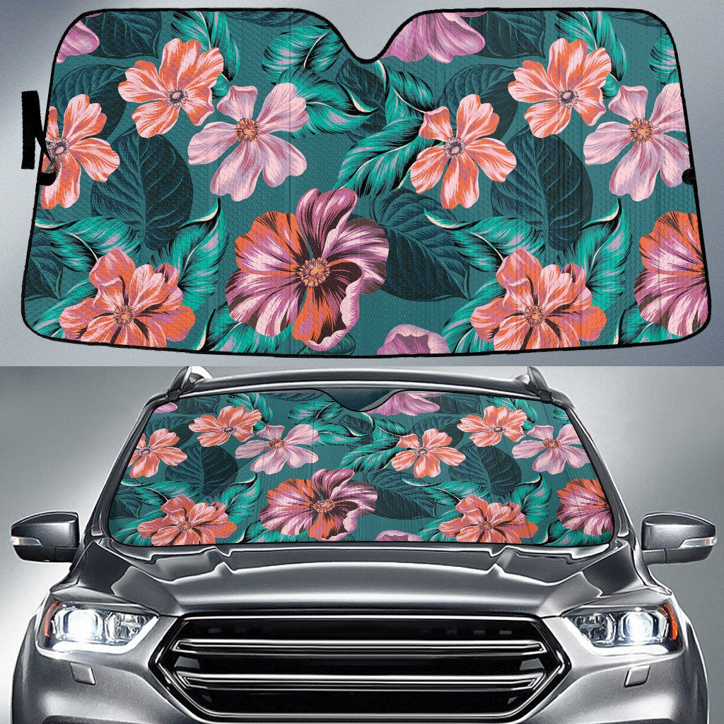 Dry Orang And Pink Chinese Hibiscus Flower Green Leaf Pattern Car Sun Shades Cover Auto Windshield Coolspod