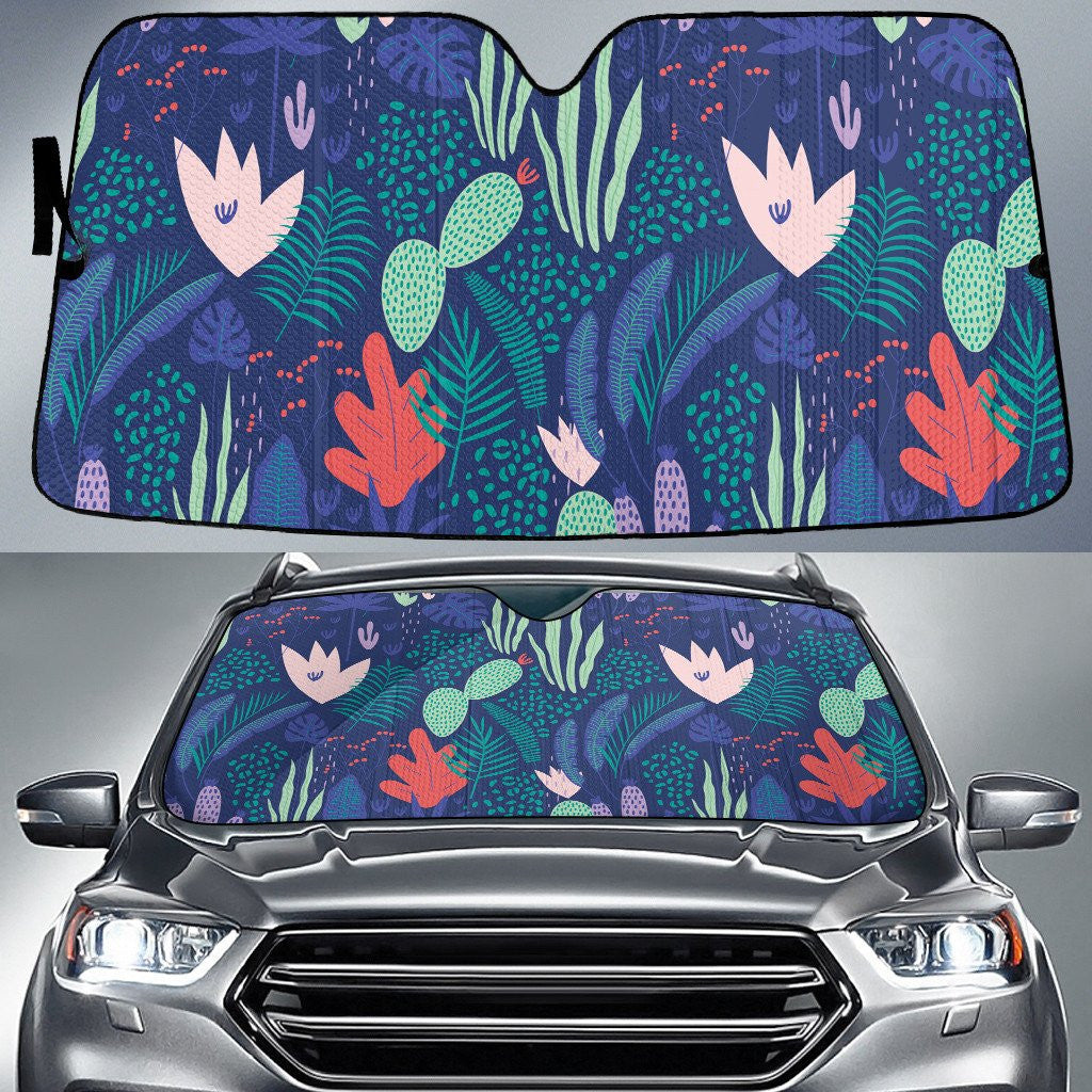 Stylized Flower And Monstera Tropical Leave Cartoon Style Car Sun Shades Cover Auto Windshield Coolspod