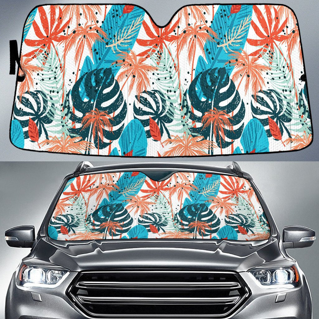 Orange Coconut Palm Leaves And Blue Monstera Leaf Tropical Summer Pattern Car Sun Shades Cover Auto Windshield Coolspod