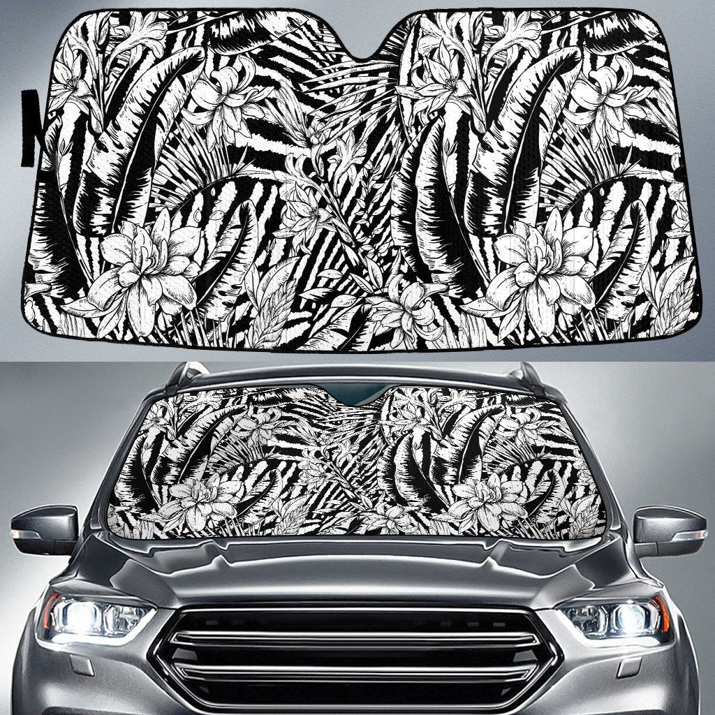 Black And White Chinese Hibiscus Flower And Tropical Leave Car Sun Shades Cover Auto Windshield Coolspod