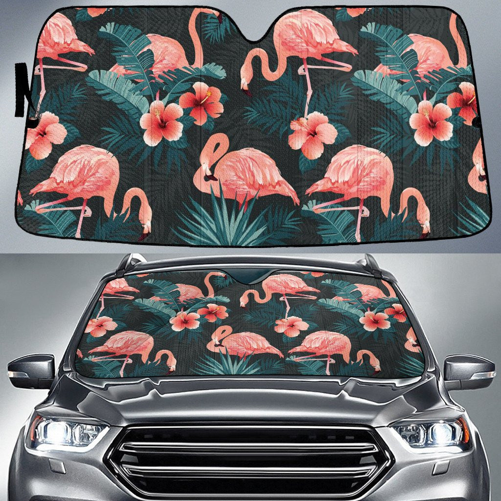 Red Chinese Hibiscus Flower And Flamingo Animal Dark Green Car Sun Shades Cover Auto Windshield Coolspod