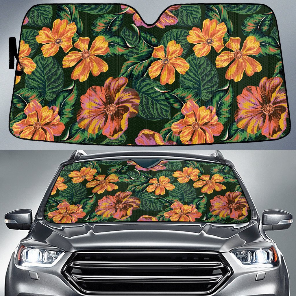 Dry Orange Hawaiian Hibiscus Flower Green Leaf Car Sun Shades Cover Auto Windshield Coolspod