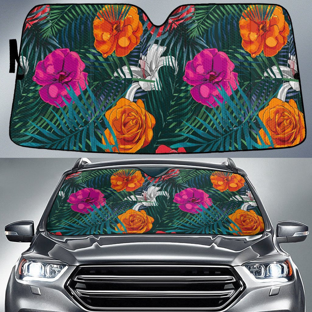 Chromatic Carnation Flower Under Palm Leave Coconut Leave Car Sun Shades Cover Auto Windshield Coolspod