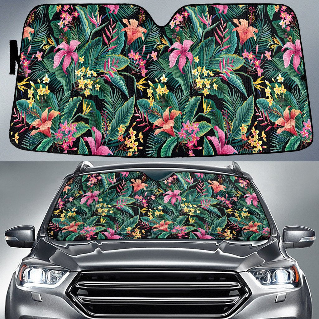 Orange And Pink Chinese Hibiscus Flowers Coconut Palm Leaf Car Sun Shades Cover Auto Windshield Coolspod
