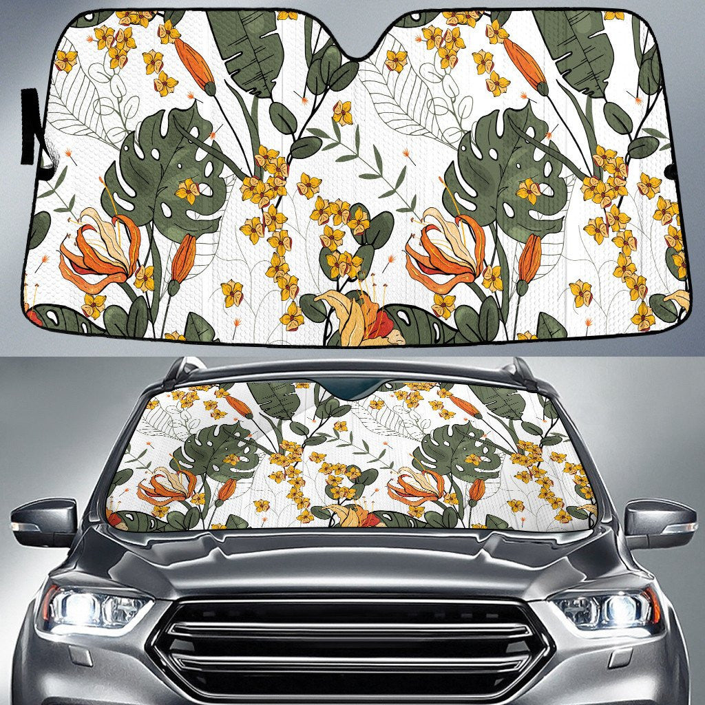 Yellow Plumeria Flower Monstera And Banana Leaf White Car Sun Shades Cover Auto Windshield Coolspod
