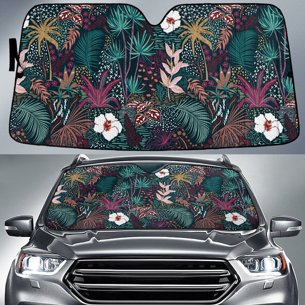 White Chinese Hibiscus Flower Over Tropical Leaf Pattern Car Sun Shades Cover Auto Windshield Coolspod