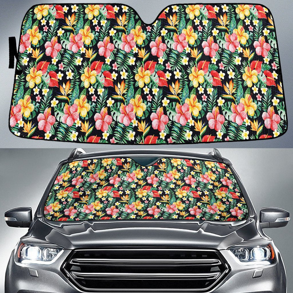 Colorful Chinese Hibiscus Flower And Flamingo Flower Black Car Sun Shades Cover Auto Windshield Coolspod