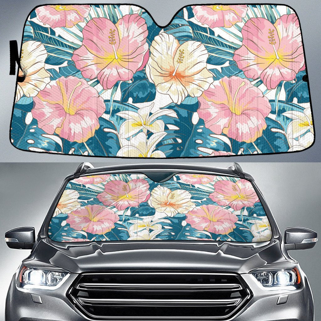 Pinky Hawaiian Hibiscus And White Plumeria Tropical Leaf Summer Vibe Car Sun Shades Cover Auto Windshield Coolspod