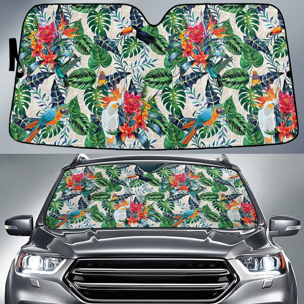 Colorful Parrots Tropical Leaves Beautiful Beige Theme Printed Car Sun Shades Cover Auto Windshield Coolspod