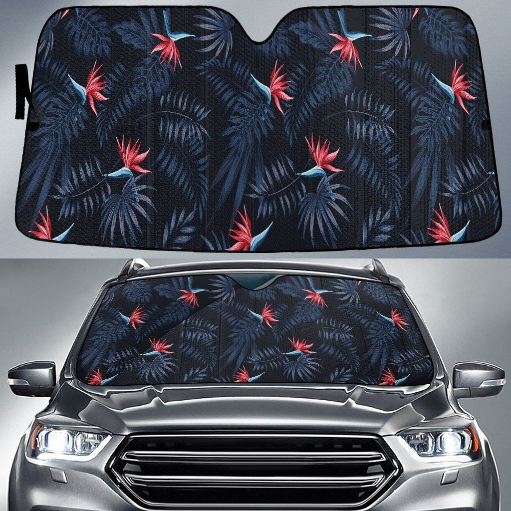 Red Bird Of Paradise Flower Grey Classic Palm Leave Black Car Sun Shades Cover Auto Windshield Coolspod