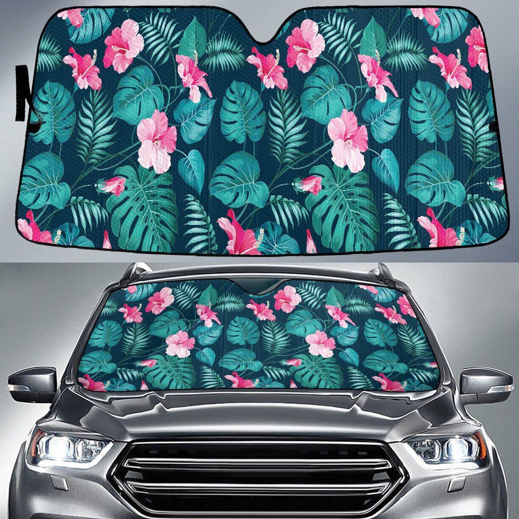 Pink Hawaiian Hibiscus Flower Over Monstera And Classic Palm Leave Car Sun Shades Cover Auto Windshield Coolspod