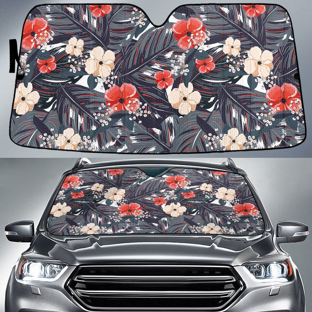 Red And White Chinese Hibiscus Flowers Over Classic Palm Leaf Car Sun Shades Cover Auto Windshield Coolspod