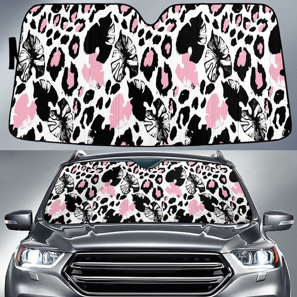 Black Monstera Leaf Over Pink Leopard Skin Car Sun Shades Cover Auto Windshield Coolspod