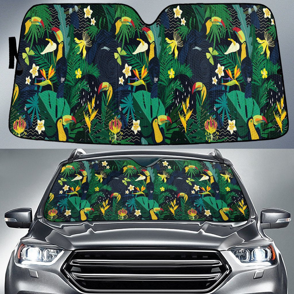 Flamingo And Bird Of Paradise Flower Green Monstera Leaf Car Sun Shades Cover Auto Windshield Coolspod