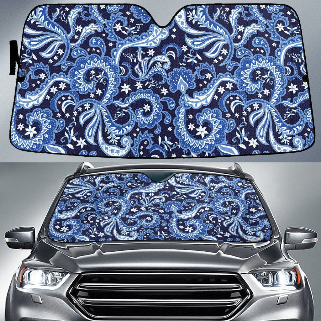 Tone Of Blue Long Flowers Paisley Texture Navy Theme Car Sun Shades Cover Auto Windshield Coolspod