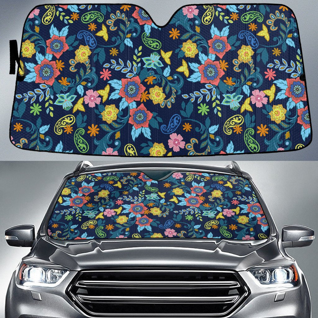 Colorful Hawaiian Hibiscus Flowers Paisley Style Navy Car Sun Shades Cover Auto Windshield Coolspod