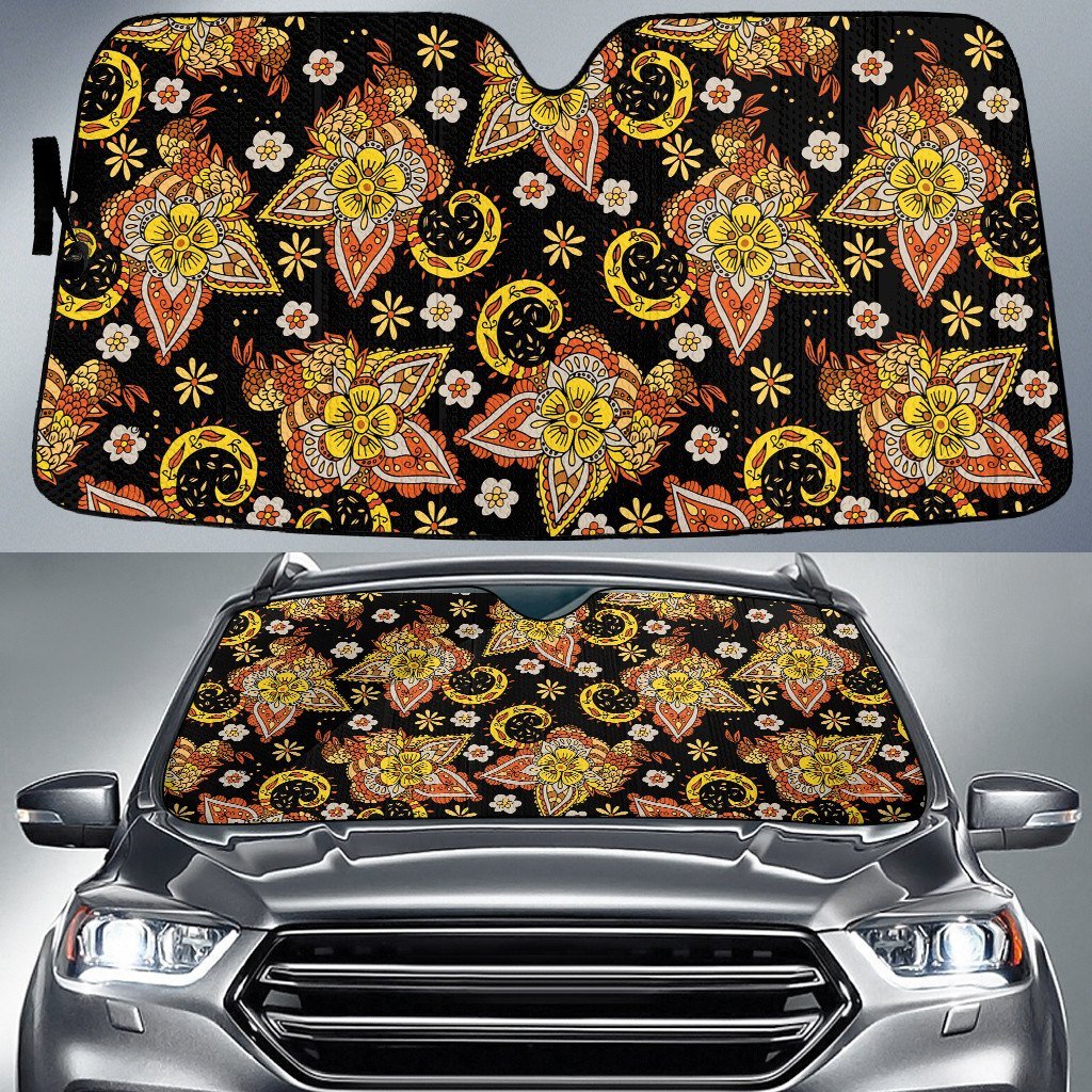 Gold Hawaiian Hibiscus Flowers Hand Drawing Style Black Car Sun Shades Cover Auto Windshield Coolspod