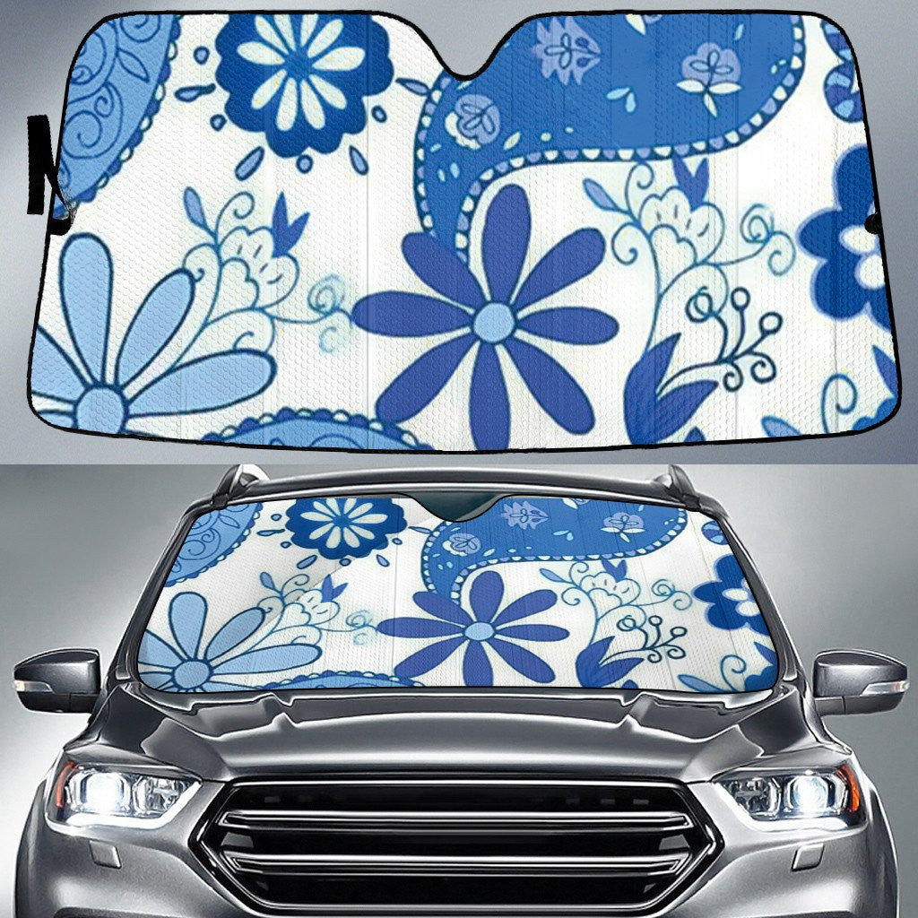 Blue Color Daisy Flowers Cartoon Drawing Style White Car Sun Shades Auto Windshield Coolspod