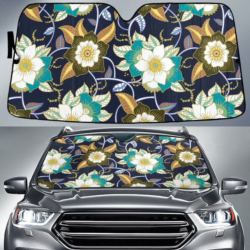 Mint Hawaiian Hibiscus Flowers Hand Drawing Style Navy Car Sun Shades Cover Auto Windshield Coolspod