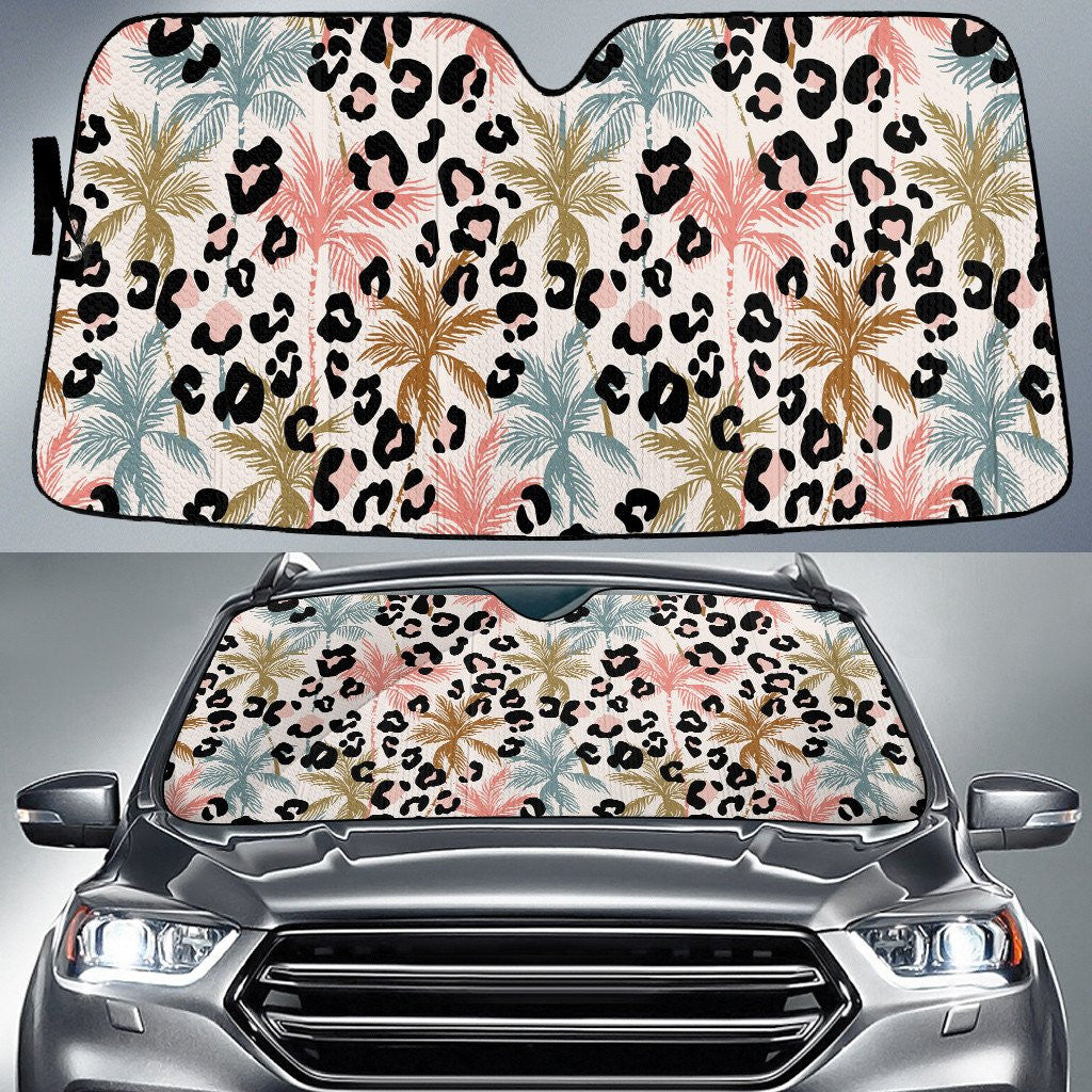 Chromatic Coconut Palm Tree Over Leopart Print Car Sun Shades Cover Auto Windshield Coolspod