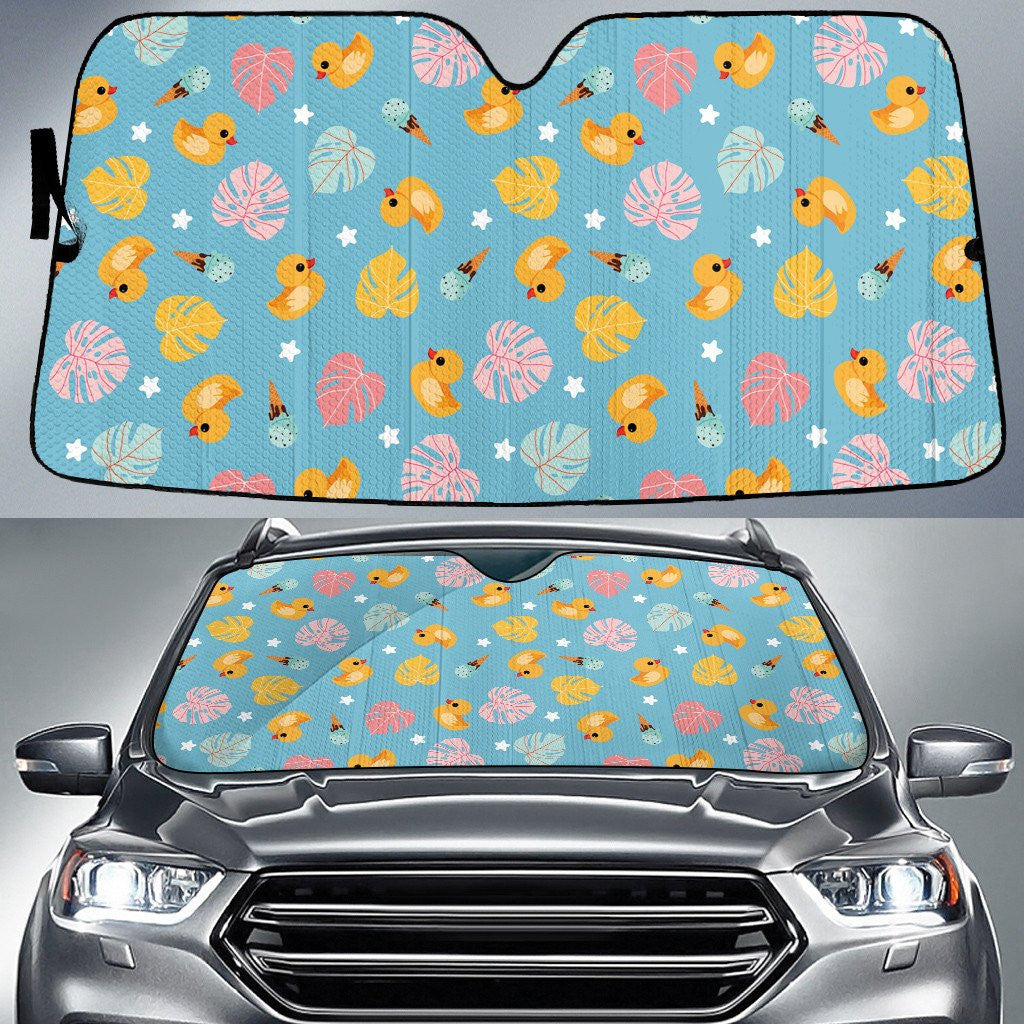 Yellow Ducky And Monstera Leaf Blue Car Sun Shades Cover Auto Windshield Coolspod