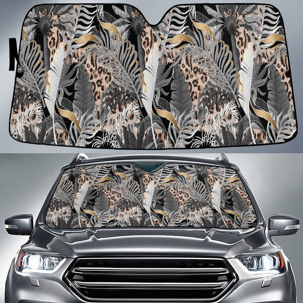 Grey Banana And Acera Leaf Over Brown Leopard Skin Car Sun Shades Cover Auto Windshield Coolspod