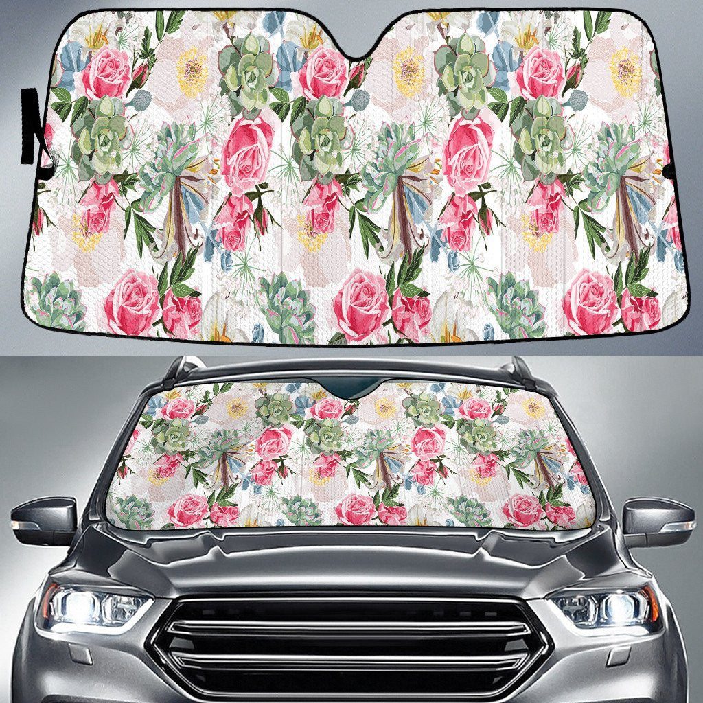 Red Roses Succulent Flower White Theme Car Sun Shades Cover Auto Windshield Coolspod