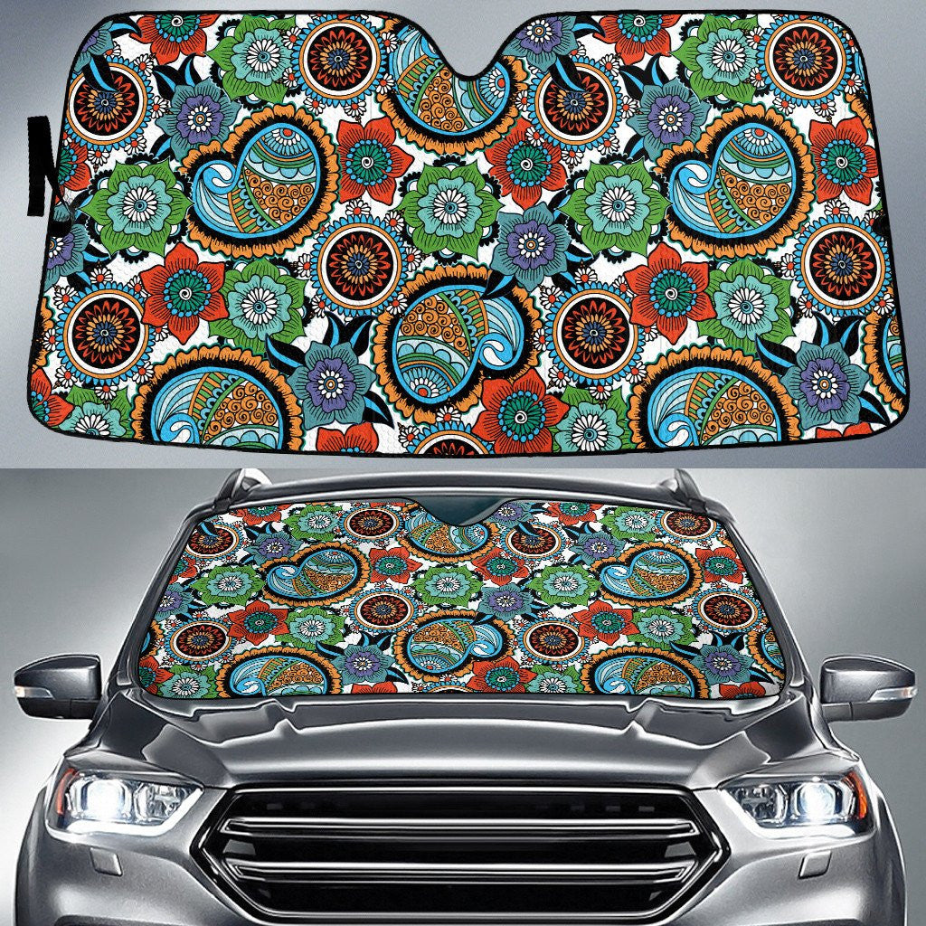 Multicolor Tropical Flowers Paisley Texture White Theme Car Sun Shades Cover Auto Windshield Coolspod