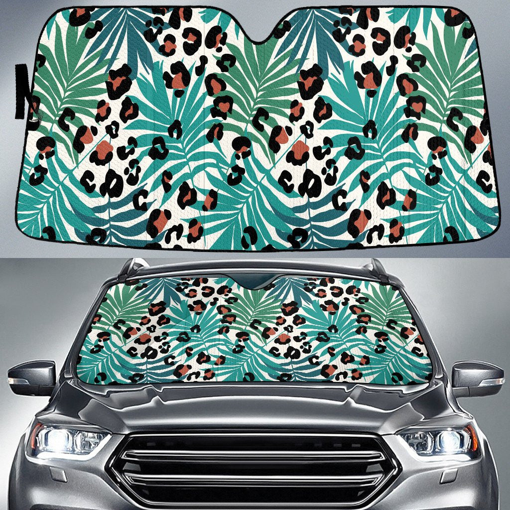 Green Classic Palm Leaves Leopard Print Car Sun Shades Cover Auto Windshield Coolspod
