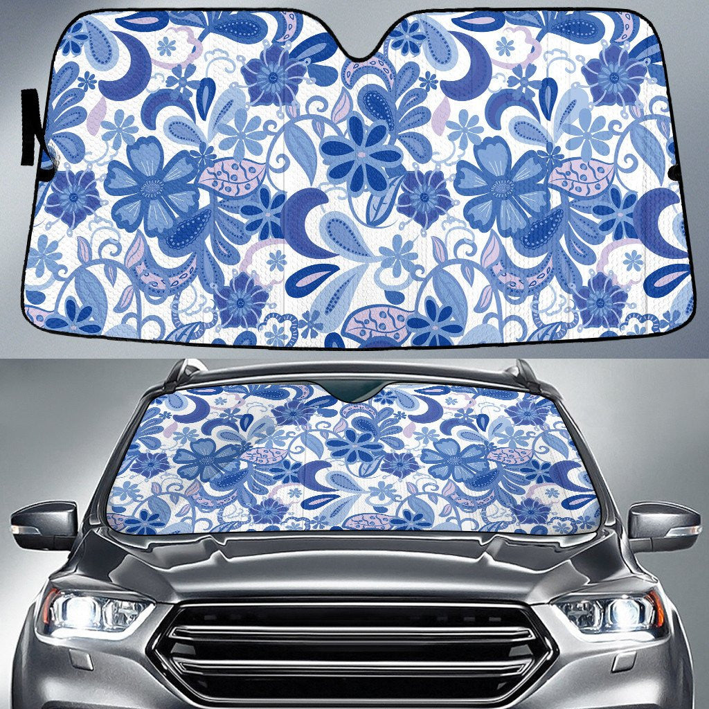 Blue Tone Tropical Flowers Cartoon Drawing Style White Car Sun Shades Auto Windshield Coolspod