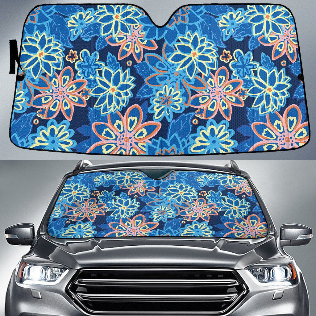 Blue Color Tropical Flowers Cartoon Drawing Style White Car Sun Shades Auto Windshield Coolspod