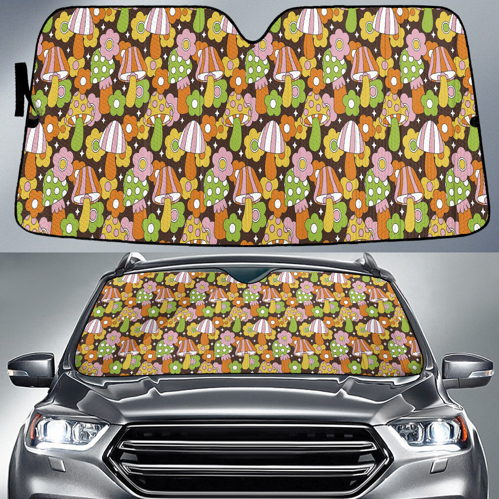 Colorful Poisonous Mushroom Cartoon Style Brown Theme Car Sun Shades Cover Auto Windshield Coolspod