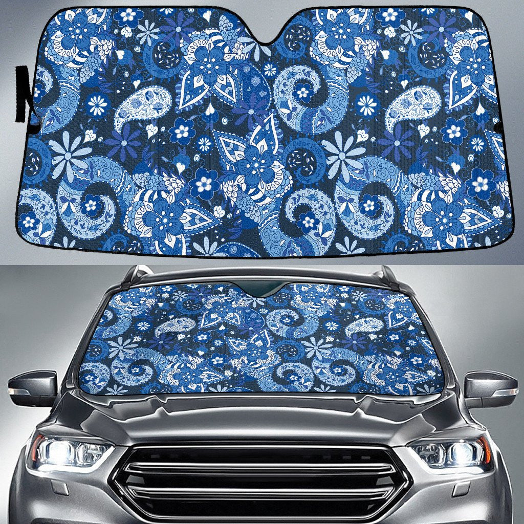 Tone Of Blue Large Flowers Paisley Texture Navy Theme Car Sun Shades Cover Auto Windshield Coolspod