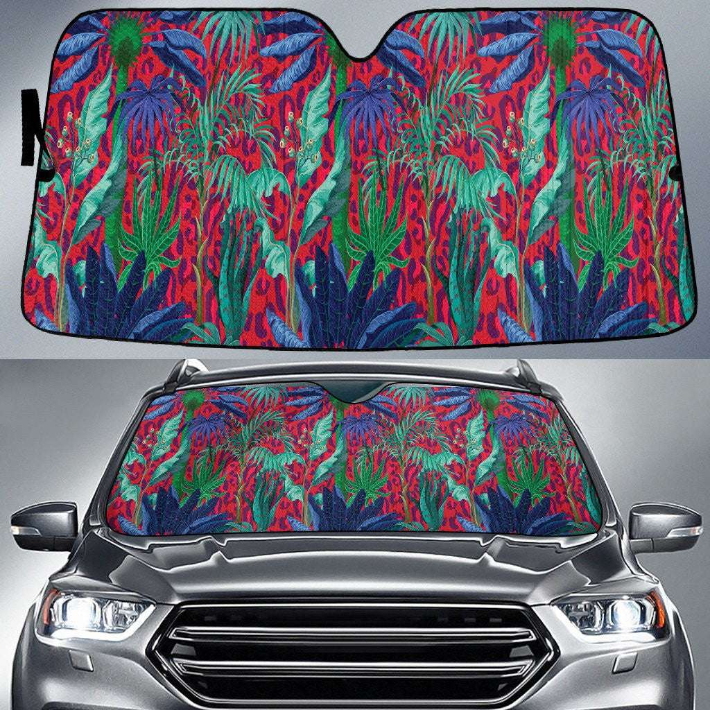Coconut Palm Tree And Acera Leaf Over Red Leopard Skin Car Sun Shades Cover Auto Windshield Coolspod