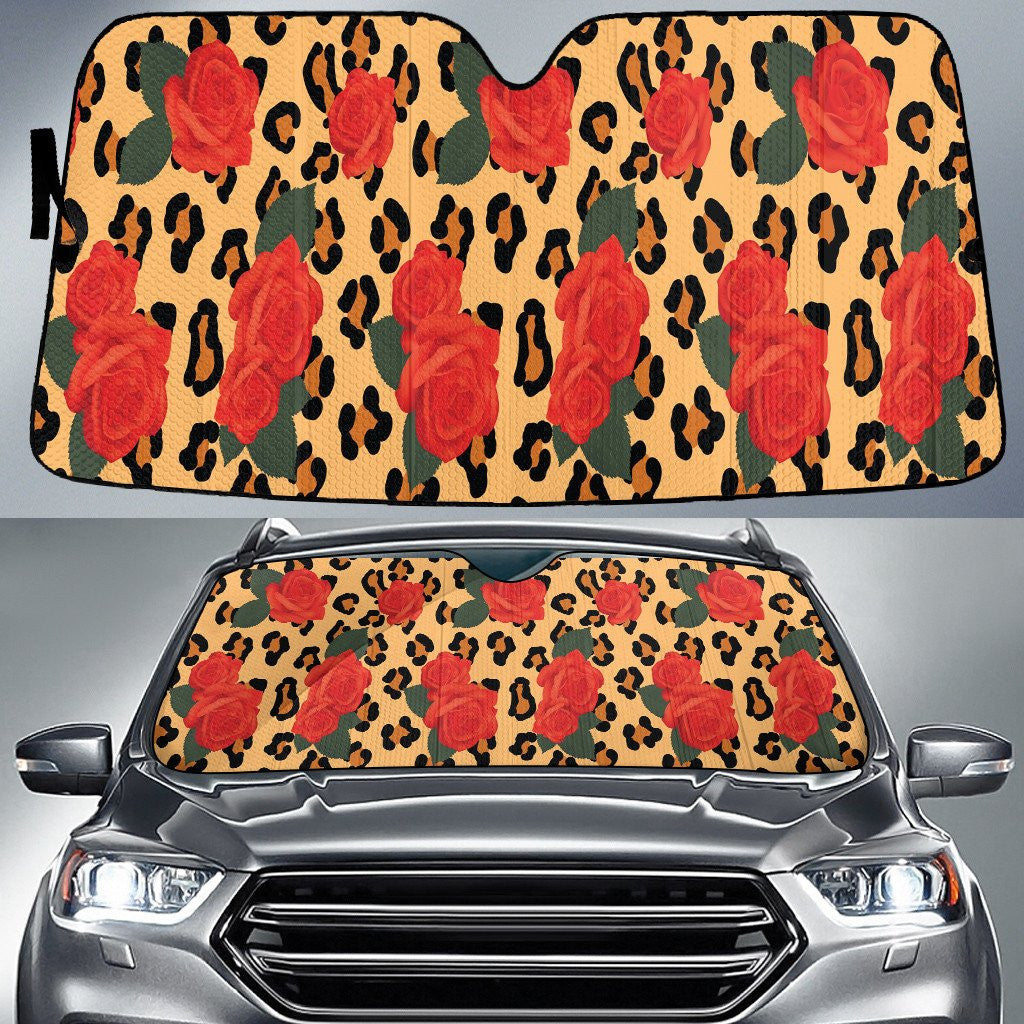 Red Roses Over Leopard Skin Yellow Texture Car Sun Shades Cover Auto Windshield Coolspod