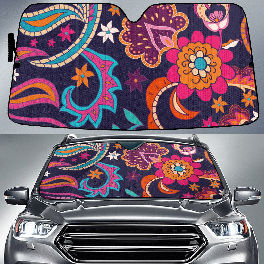 Colorful Tone Large Flowers Paisley Texture Navy Theme Car Sun Shades Cover Auto Windshield Coolspod