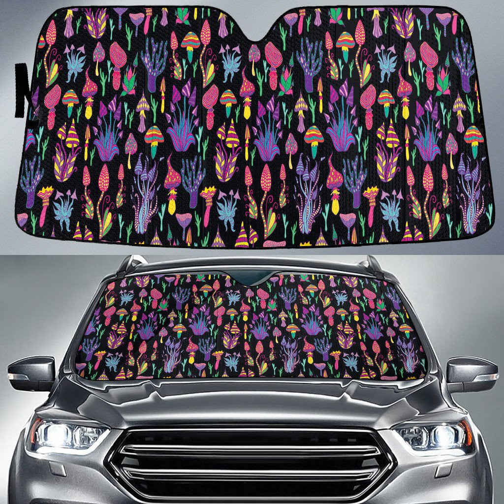 Multicolor Poisonous Mushroom Flying On The Sky Black Theme Car Sun Shades Cover Auto Windshield Coolspod