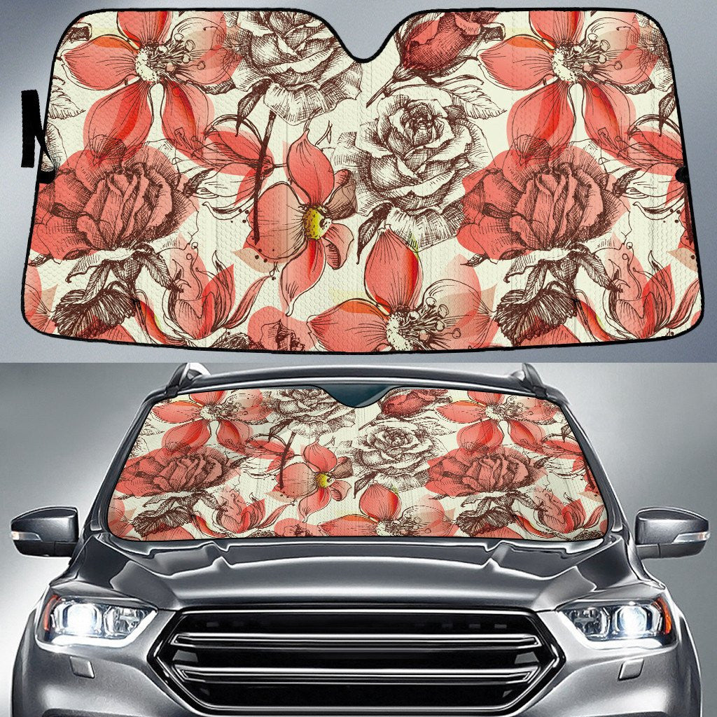 Roses And Hawaiian Hibiscus Flower Sketchy Painting Style Car Sun Shades Cover Auto Windshield Coolspod