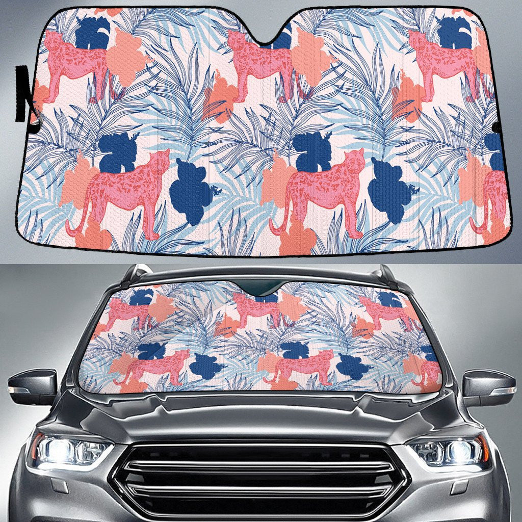 Pink Jaguar Animal Over Classic Palm Leaves White Theme Car Sun Shades Cover Auto Windshield Coolspod
