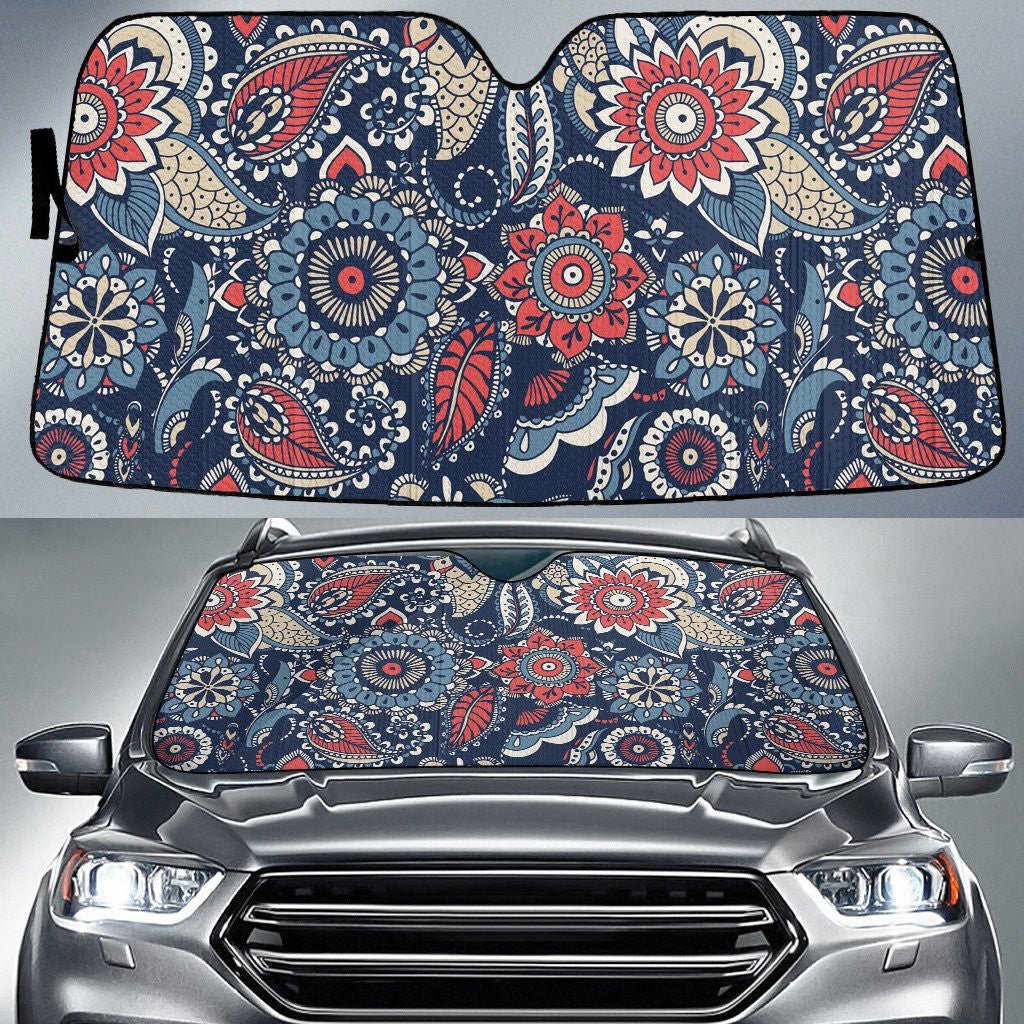 Stylized Flower And Leave In Summer Time Navy Theme Car Sun Shades Cover Auto Windshield Coolspod