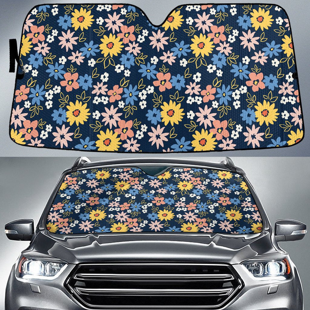 Multicolor Wildflower And Daisy Flower Navy Theme Car Sun Shades Cover Auto Windshield Coolspod