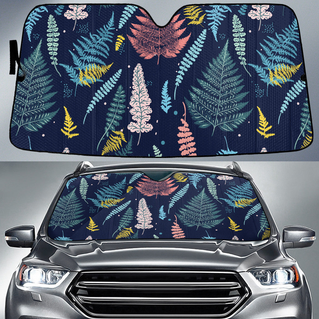Colorful Fern Leaf Hand Drawing Style Navy Theme Car Sun Shades Cover Auto Windshield Coolspod