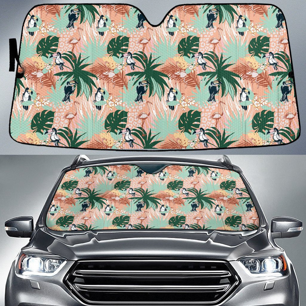 Parrots And Flamingo Monstera Leaf Over Orange Leopard Skin Pattern Car Sun Shades Cover Auto Windshield Coolspod