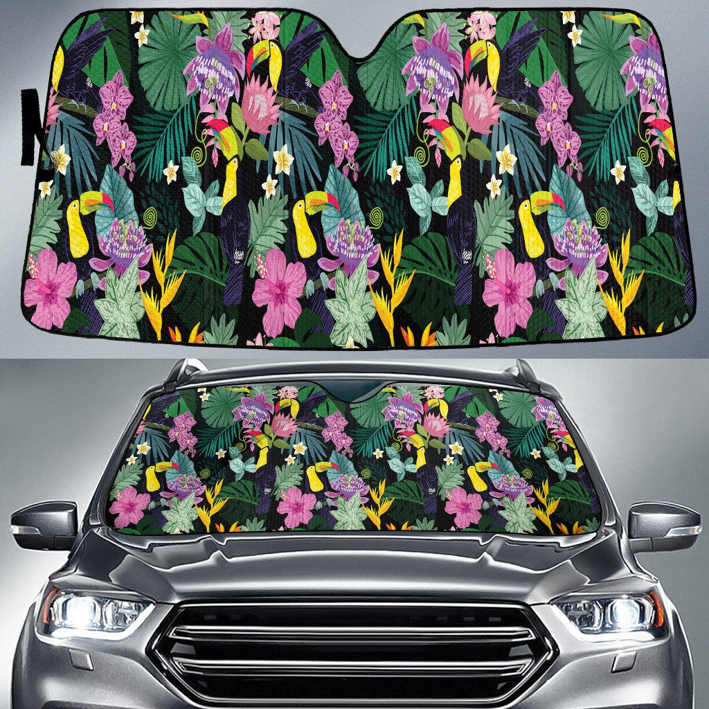 Clever Parrot And Pinky Flower In Forest Car Sun Shades Cover Auto Windshield Coolspod