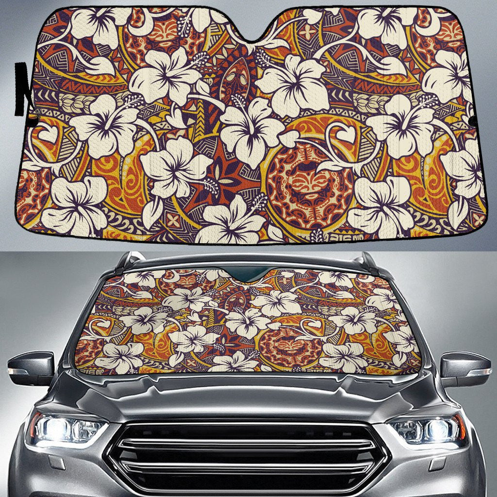 White Hawaiian Hibiscus Flower Over Colorful Tribal Pattern Car Sun Shades Cover Auto Windshield Coolspod