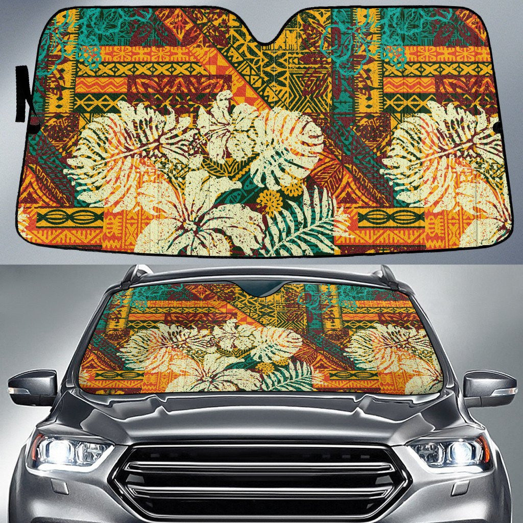 White Hawaiian Hibiscus Flower Over Vintage Aztec Skin Pattern Car Sun Shades Cover Auto Windshield Coolspod