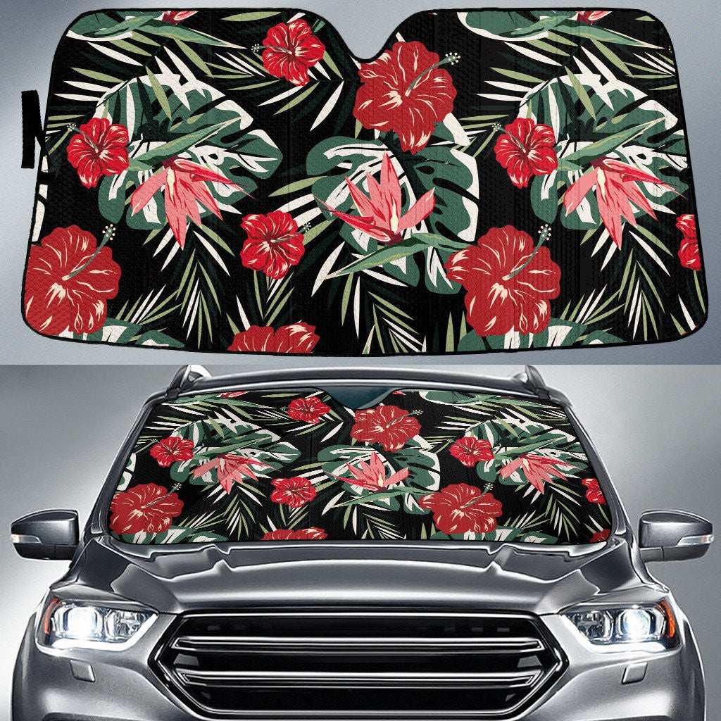 Red Chinese Hibiscus Flower Over Monstera Leaf Black Theme Car Sun Shades Cover Auto Windshield Coolspod